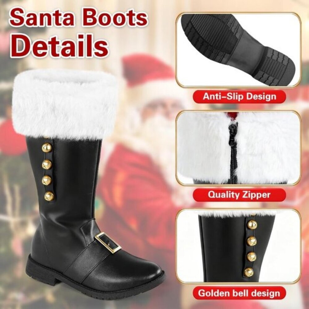 Men Black Buckle Strap and Bell Premium Faux Leather Wide Calf Santa Combat Boot - Picture 3 of 7